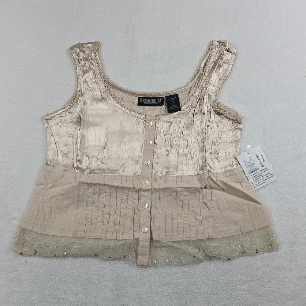 The Pyramid Collection Champagne Crinkle Satin Pintuck Sequin Tank Top Large